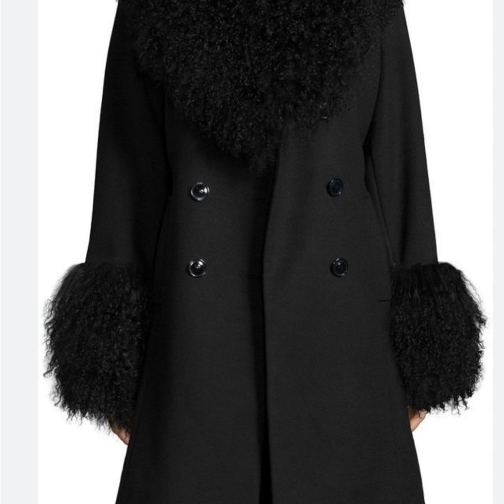 Black Double-Breasted Wool Coat with Shearling Trim